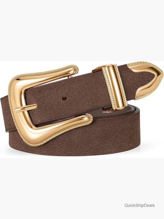 Women\'s Western Suede Leather Belt with Retro Gold Buckle | Cowgirl Belt for main image 4